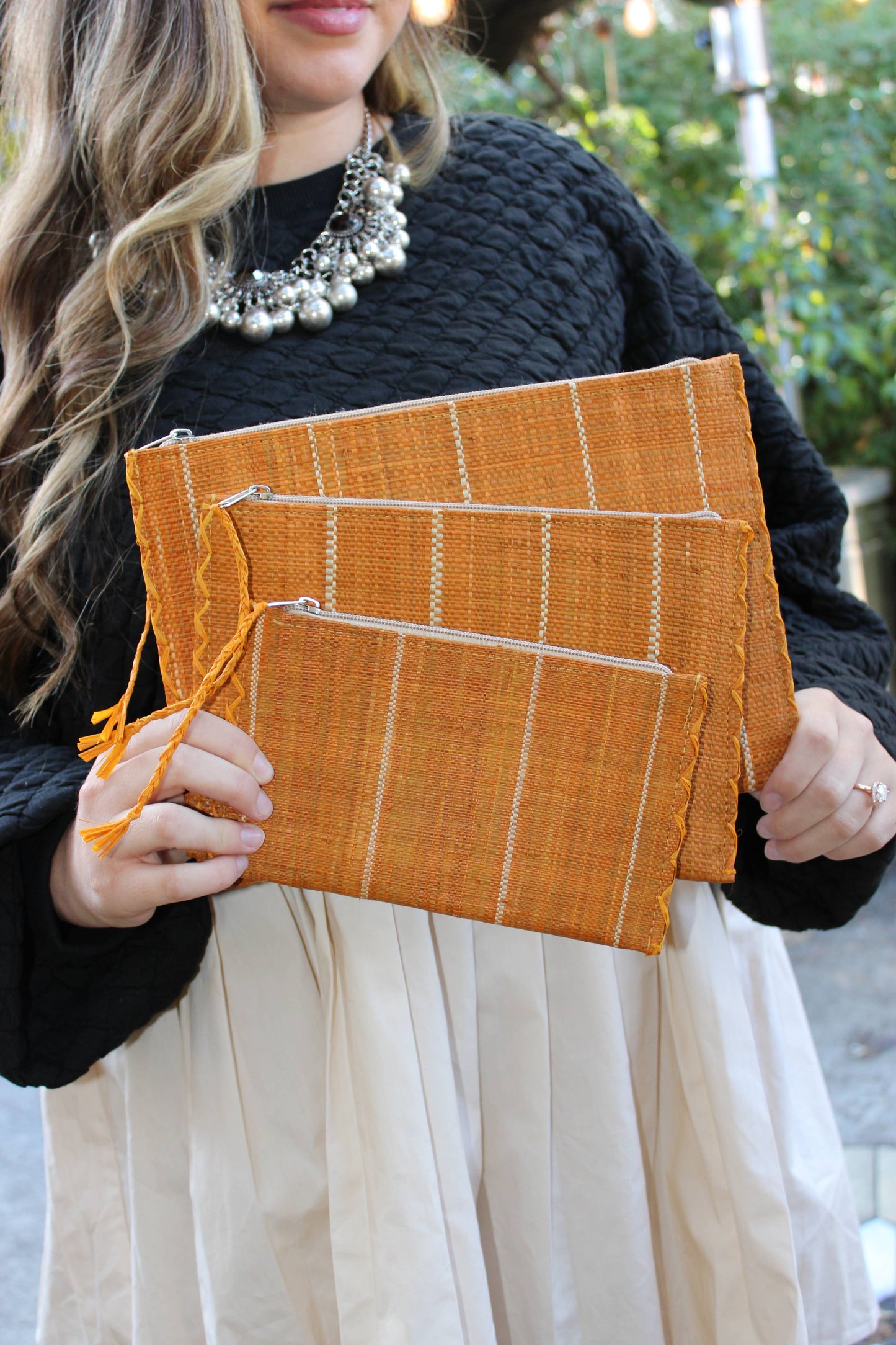 Shebobo - Amelia Set of 3 Pinstripe Nesting Straw Clutches