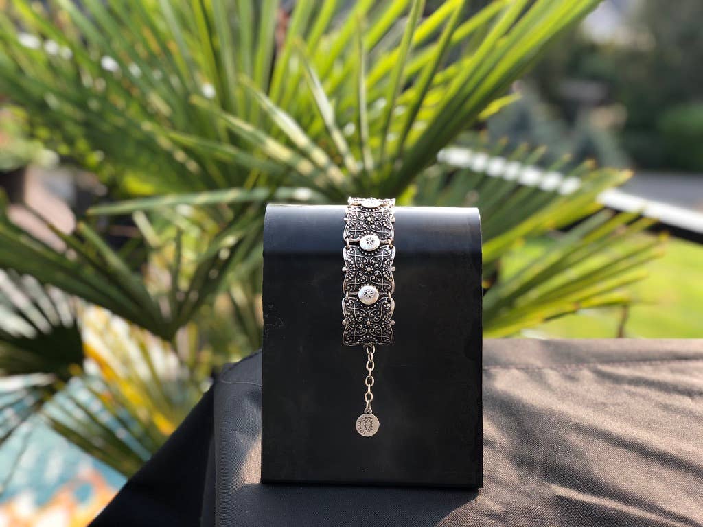 Modern Silver-Tone Ornate Medallion Bracelet