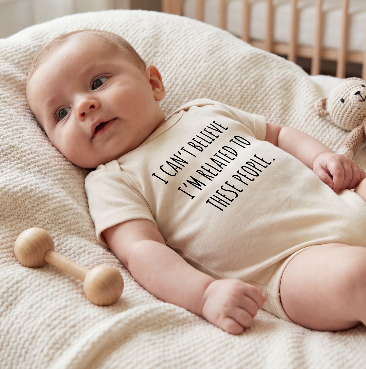 dkhandmade - I CAN'T BELIEVE I'M RELATED TO THESE PEOPLE BABY ONESIE