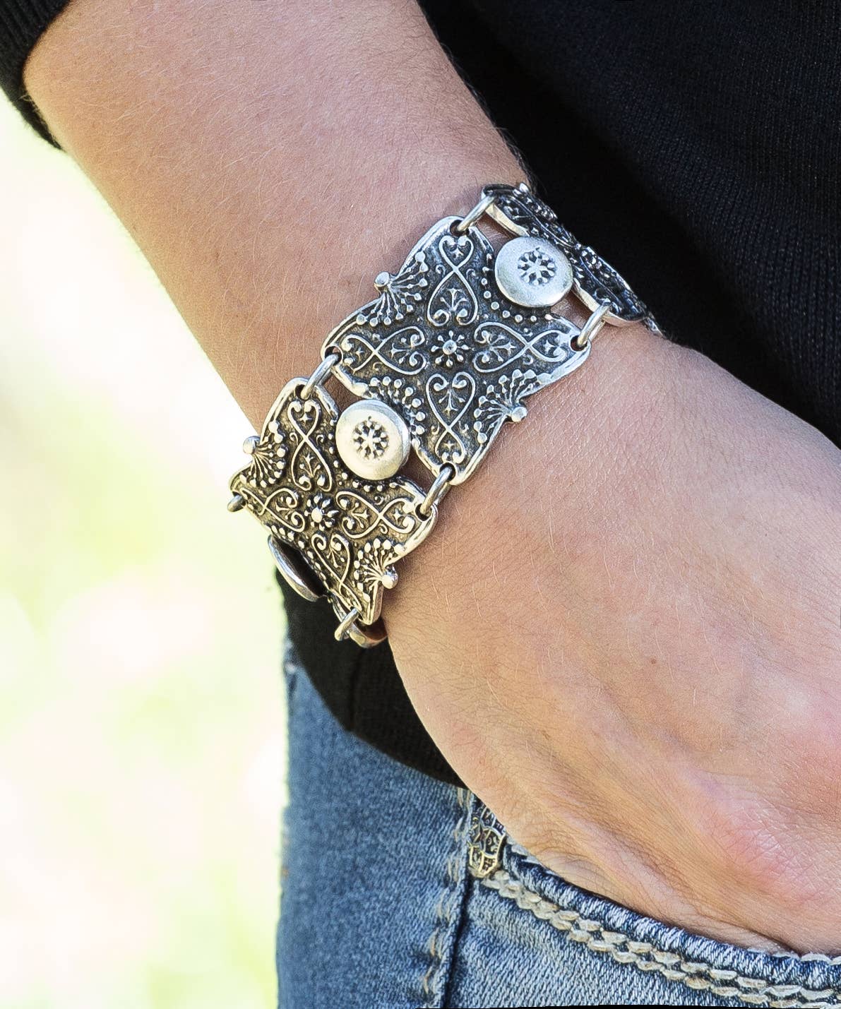 Modern Silver-Tone Ornate Medallion Bracelet