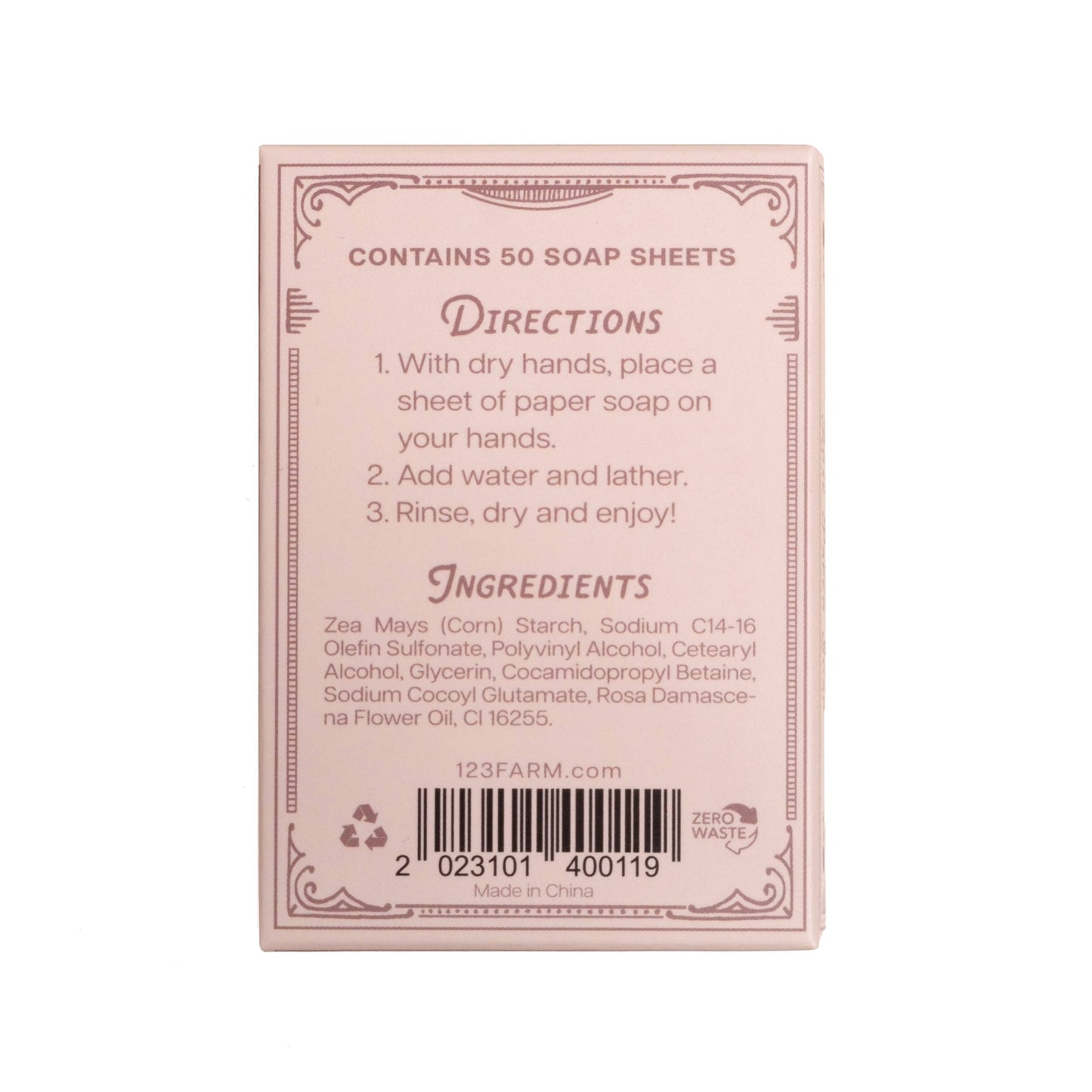 123 Farm - Paper Soap – Rose Scent, Travel Size, 50 Sheets