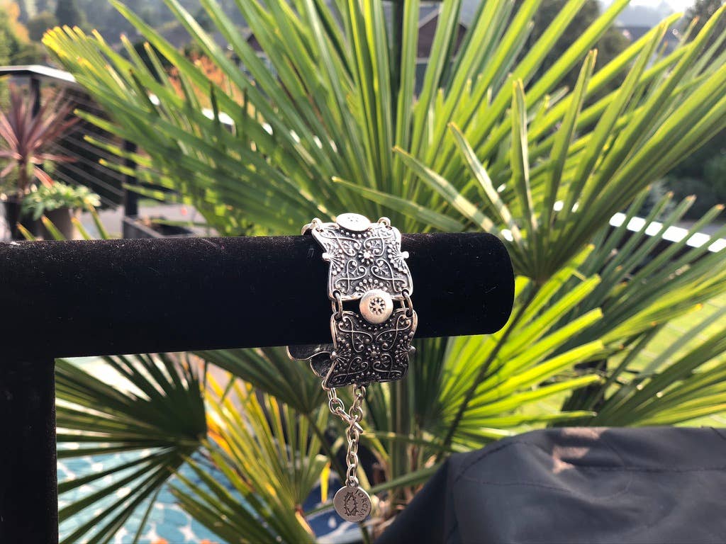 Modern Silver-Tone Ornate Medallion Bracelet