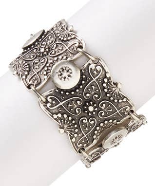 Modern Silver-Tone Ornate Medallion Bracelet