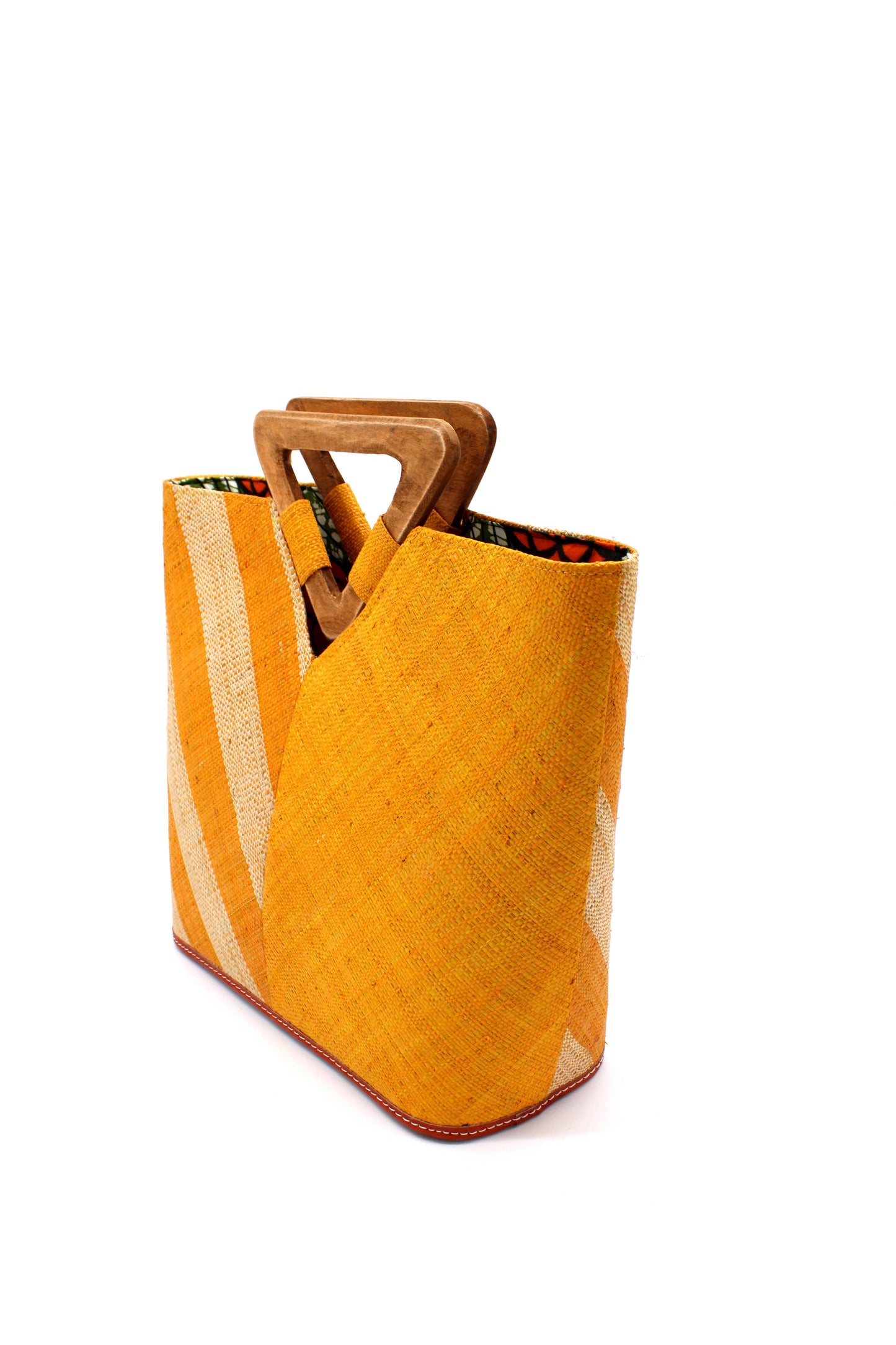 Shebobo - Zuki Two Tone Straw Bucket Handbag w/ Wood Triangle Handles