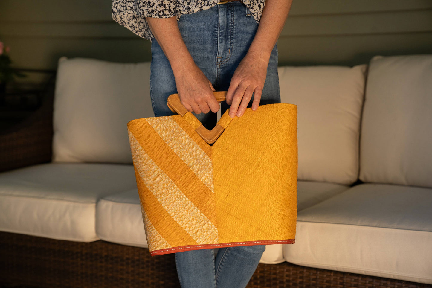 Shebobo - Zuki Two Tone Straw Bucket Handbag w/ Wood Triangle Handles