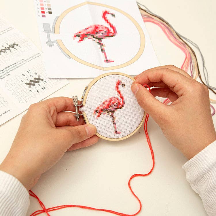 Kikkerland Design Inc - Mini Cross Stitch Embroidery Kit Flamingo