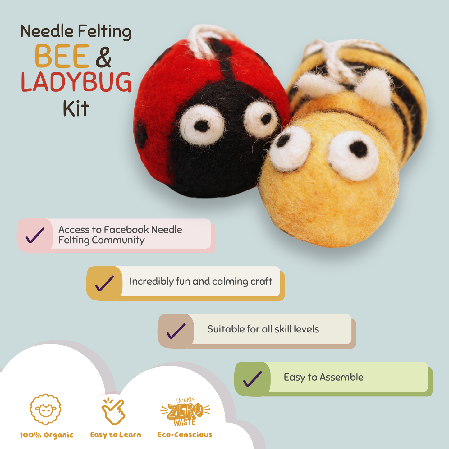 Woolbuddy - Needle Felting Kit - Bee and Ladybug