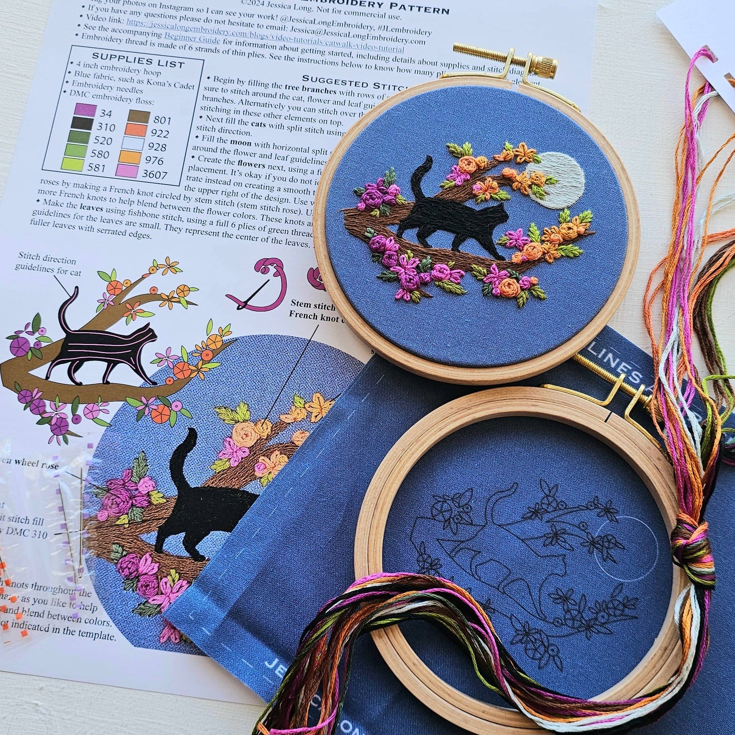 Jessica Long Embroidery - Mini Black Cat & Full Moon Embroidery Kit
