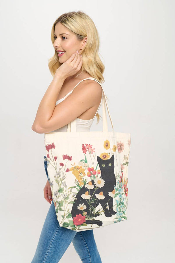 SM WARDROBE - CAT FLORAL PRINT TOTE BAG