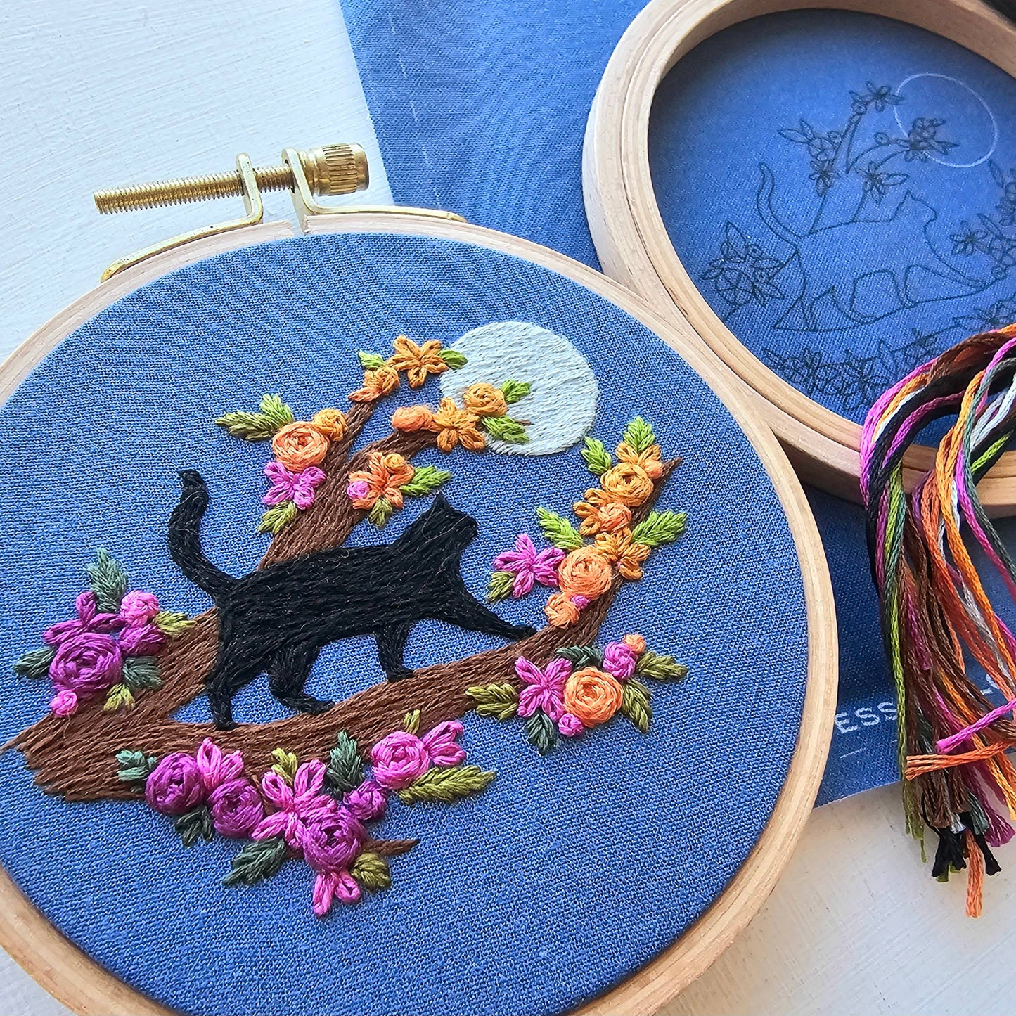 Jessica Long Embroidery - Mini Black Cat & Full Moon Embroidery Kit