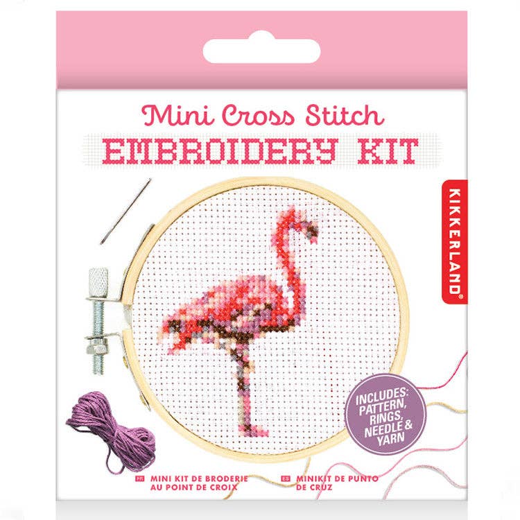 Kikkerland Design Inc - Mini Cross Stitch Embroidery Kit Flamingo