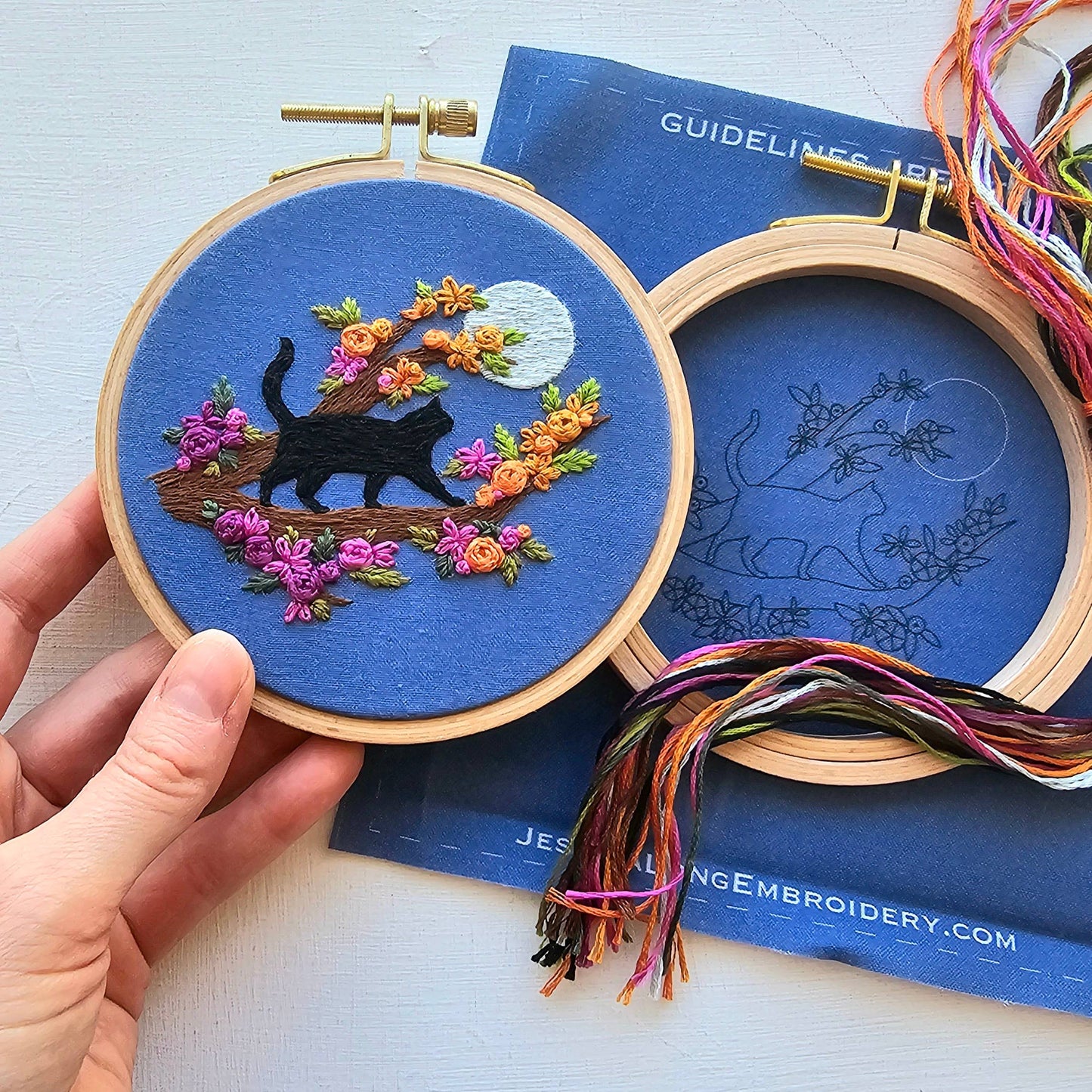 Jessica Long Embroidery - Mini Black Cat & Full Moon Embroidery Kit