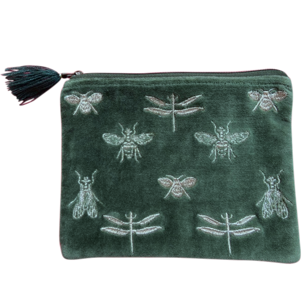 Chloe & Lex - Green Velvet Bees & Dragonflies Cotton Women's Cosmetic Bag