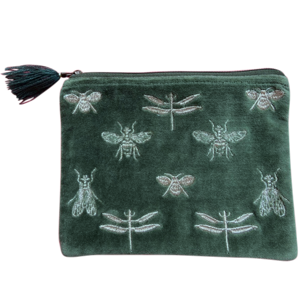 Chloe & Lex - Green Velvet Bees & Dragonflies Cotton Women's Cosmetic Bag